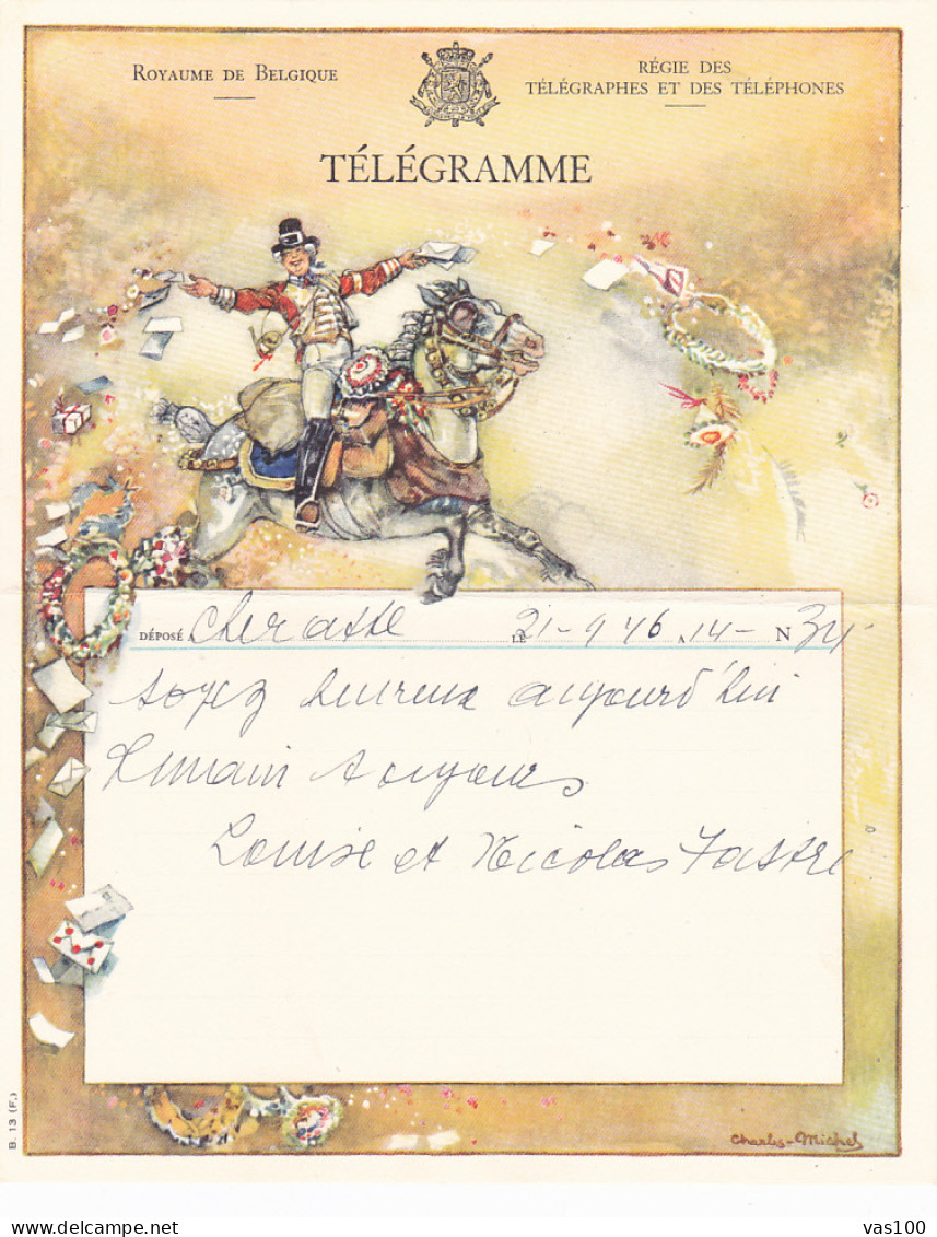 MAILMAN, HORSE, LETTERS, SIGNED ILLUSTRATION LUXURY TELEGRAMME, BELGIUM - Télégrammes