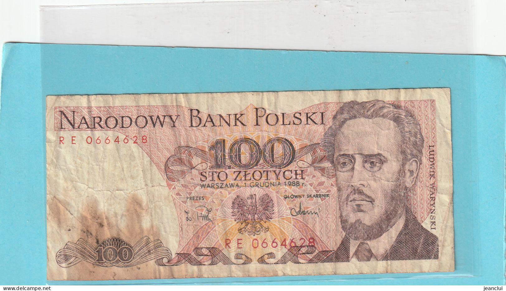 NARODOWY BANK POLSKI . 100 ZLOTYCH .  1-12-1988 .  N° RE 0664628 .  2 SCANNES - Pologne