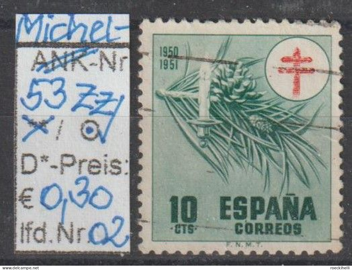 1950 - SPANIEN - FM/DM/Zz "Kampf Gg. D. Tbc - Föhrenzweig" 10 C Dkl'grün/rot - O  Gestempelt - S.Scan (Zz 53o 01-03 Esp) - Fiscaux-postaux