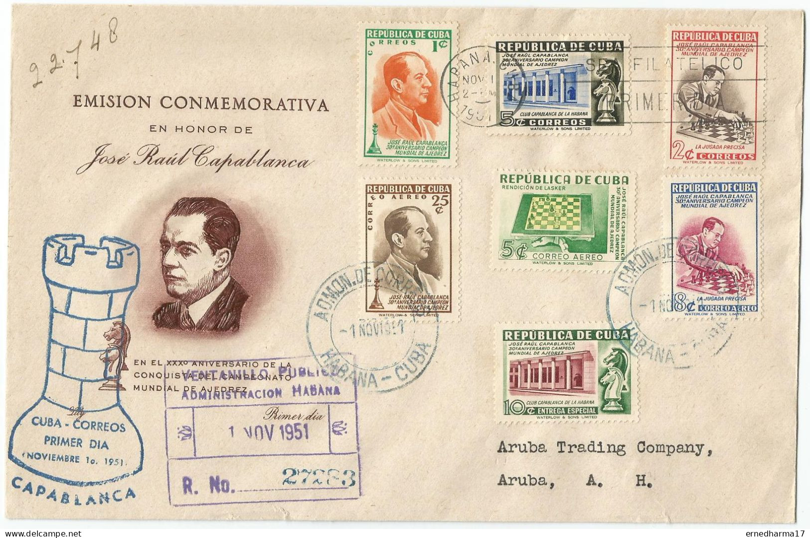 Cuba 1951. FDC Capablanca. Chess. Registered To Aruba. SCARCE. - Oblitérés