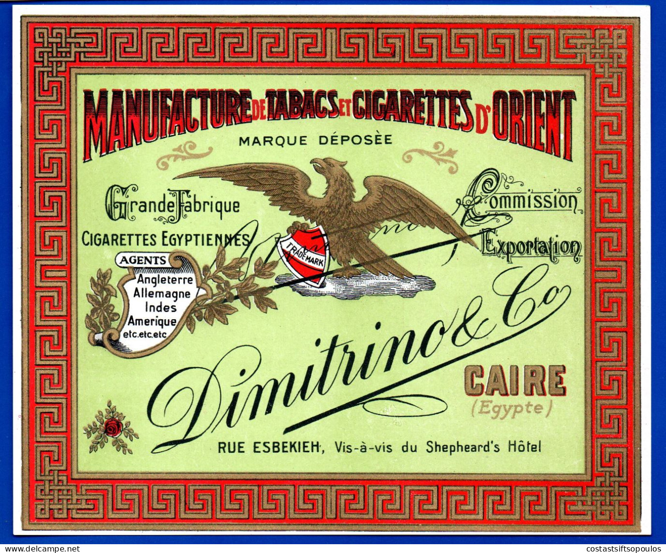 1812. EGYPT DIMITRINO CIGARETTES 2 EARLY 1900 LABELS 1st. 19 X 14 Cm. 2nd. 17 X 14 - Reclame-artikelen