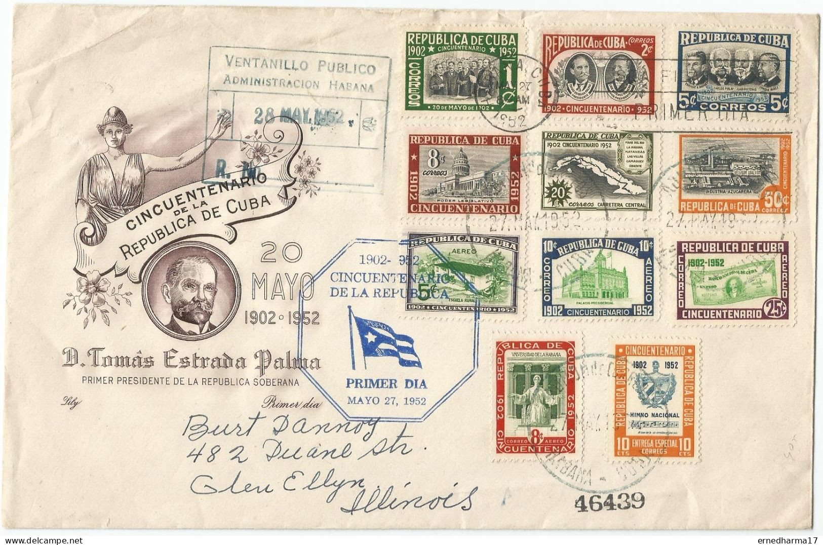 Cuba 1951. FDC Cincuentenario De La República. Registered. - Gebruikt