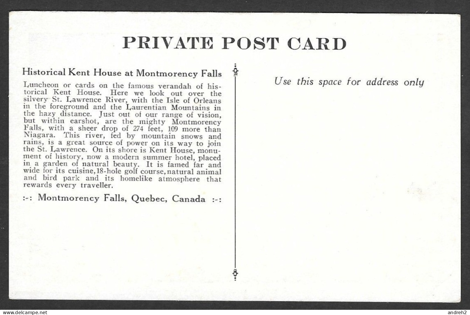 Montmorency Falls - Historical Kent House Luncheon Or Cards On The Famous Verandah - Uncirculated - Non Circulée - Montmorency Falls