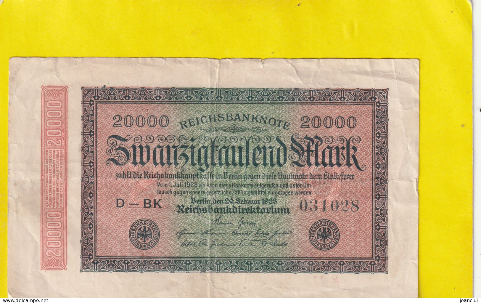 REICHSBANKNOTE .  20.000 MARK  .  20-2-1923 .  N°  D- BK  031028   .  2 SCANNES - 20.000 Mark