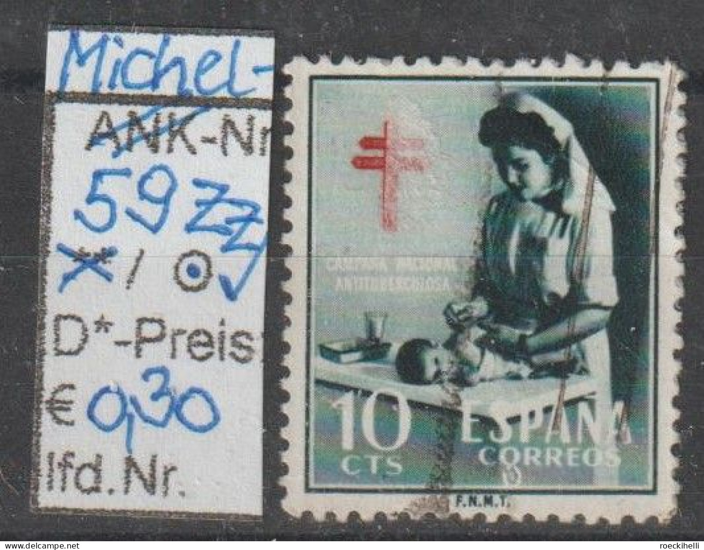 1953 - SPANIEN - FM/DM/Zz "Kampf Gg. D. Tbc - Säugli ...." 10 C Blaugrün/rot - O  Gestempelt - S.Scan (Zz 59o   Esp) - Fiscal-postal