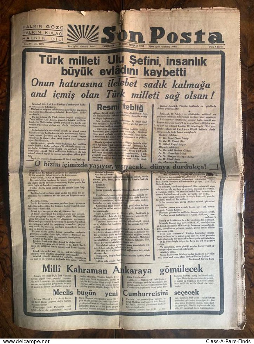 1938, NOVEMBER 10th / SON POSTA "LATEST NEWS" NEWSPAPER | DESEDENCE OF MUSTAFA KEMAL ATATURK - TURKIYE'S FOUNDING FATHER - People