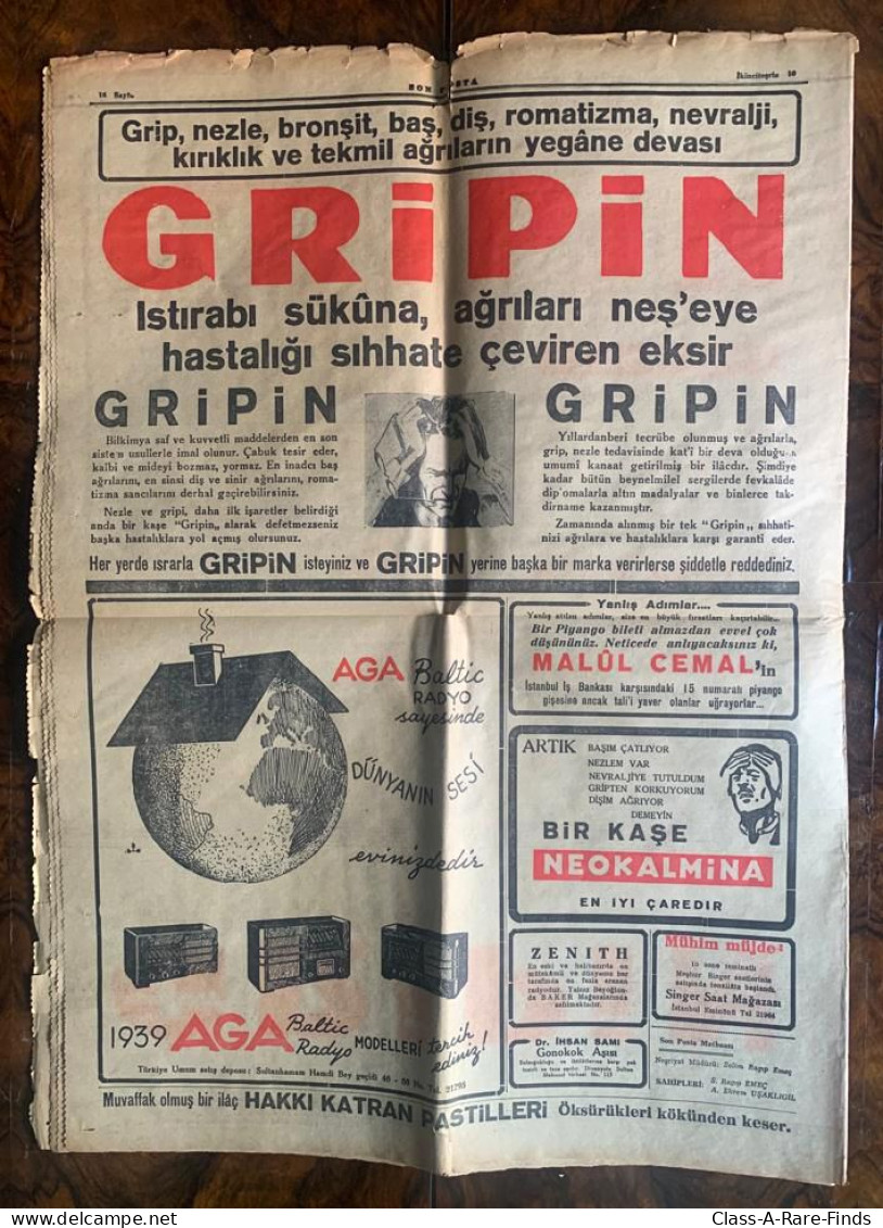 1938, NOVEMBER 10th / SON POSTA "LATEST NEWS" NEWSPAPER | DESEDENCE OF MUSTAFA KEMAL ATATURK - TURKIYE'S FOUNDING FATHER - People