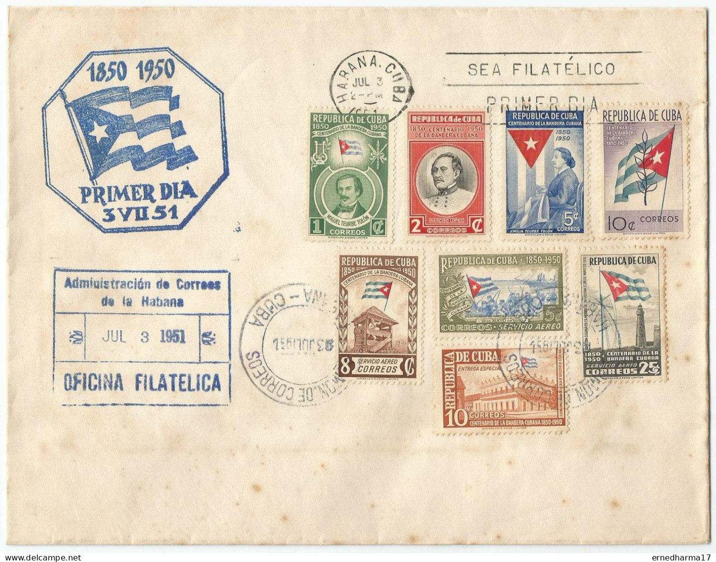 Cuba 1951. FDC Centenario De La Bandera Cubana. - Used Stamps