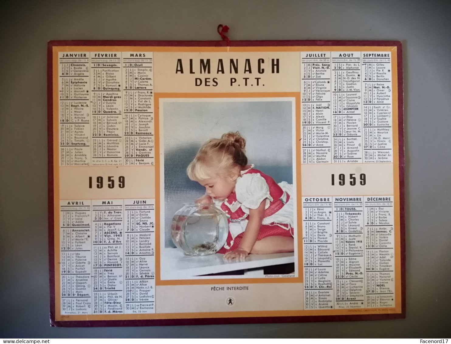 Calendrier Almanach Des P.T.T 1959  Pêche Interdite - Tamaño Grande : 1941-60