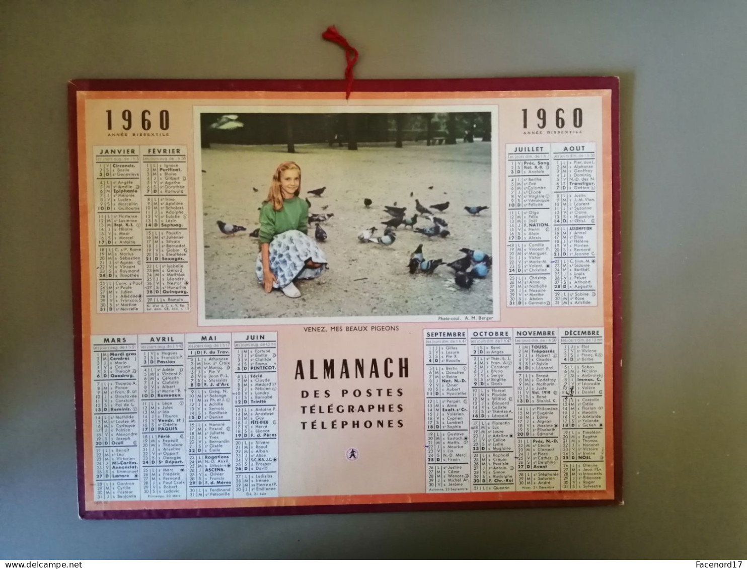 Calendrier Almanach Des Postes Télégraphes Téléphones 1960 Année Bissextile   Venez Mes Beaux Pigeons - Tamaño Grande : 1941-60