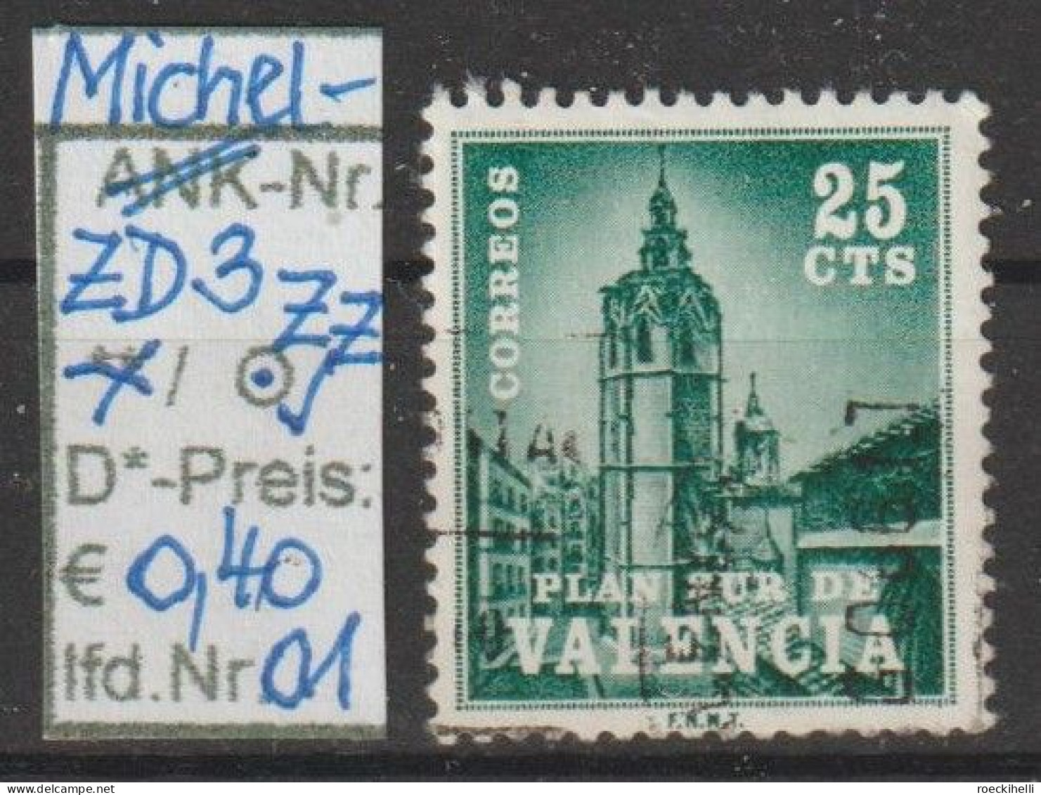 1966 - SPANIEN/VALENCIA - FM/DM/Zz "Miguelete-Turm" 25 C Dkl'blaugrün - O  Gestempelt - S.Scan (Zz 3o  Esp/valencia) - Fiscal-postal