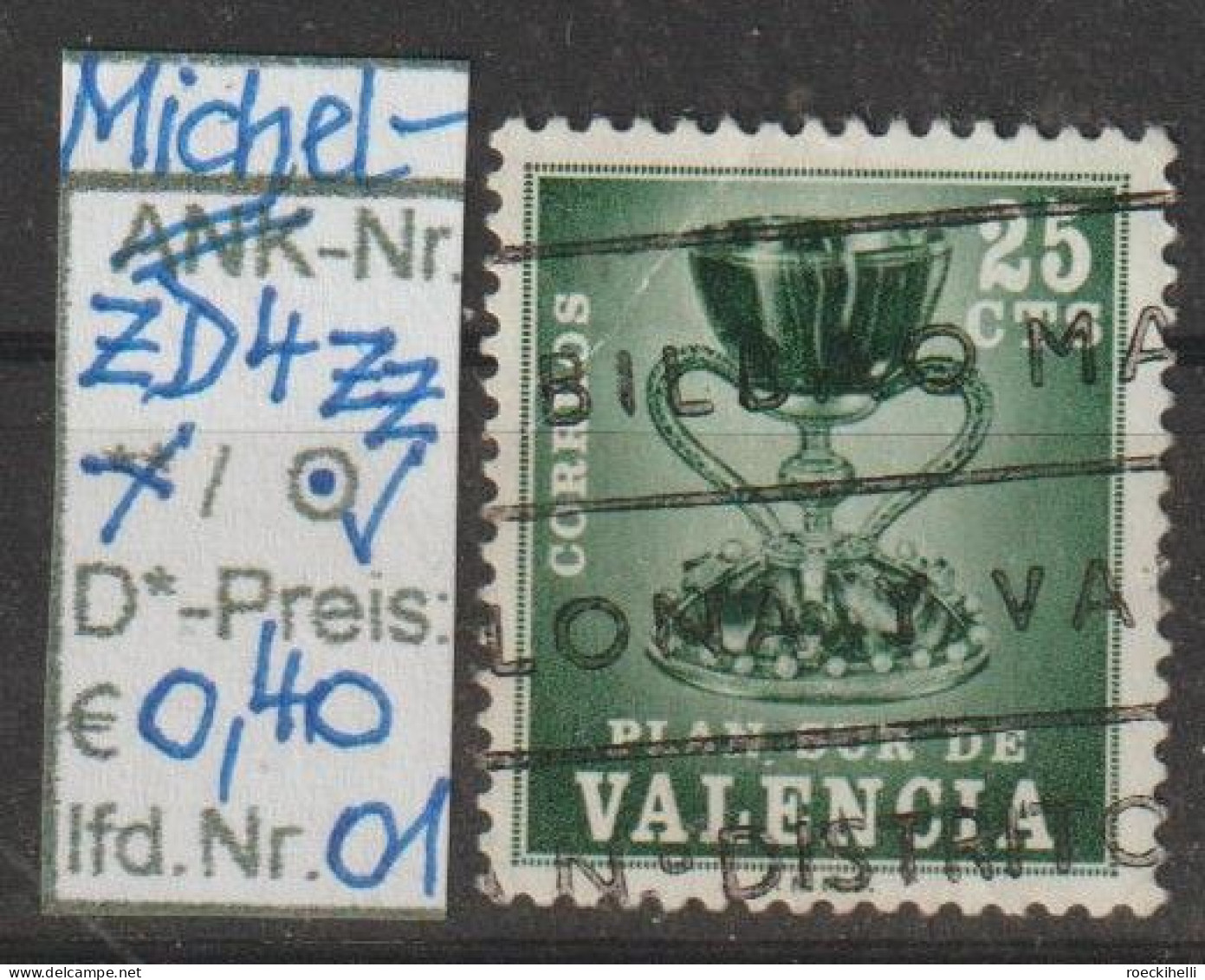 1968 - SPANIEN/VALENCIA - FM/DM/Zz "Heiliger Kelch"  25 C Dkl'grün - O  Gestempelt - S.Scan (Zz 4o 01-02 Esp/valencia) - Fiscal-postal