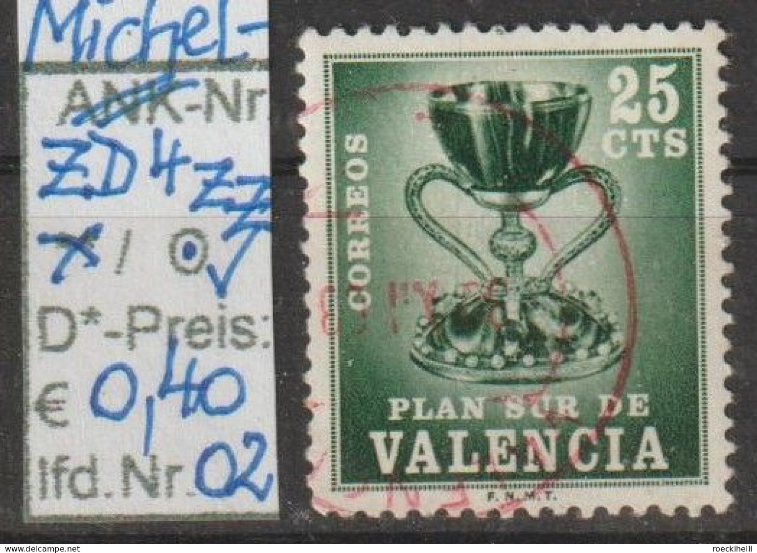 1968 - SPANIEN/VALENCIA - FM/DM/Zz "Heiliger Kelch"  25 C Dkl'grün - O  Gestempelt - S.Scan (Zz 4o 01-02 Esp/valencia) - Postage-Revenue Stamps