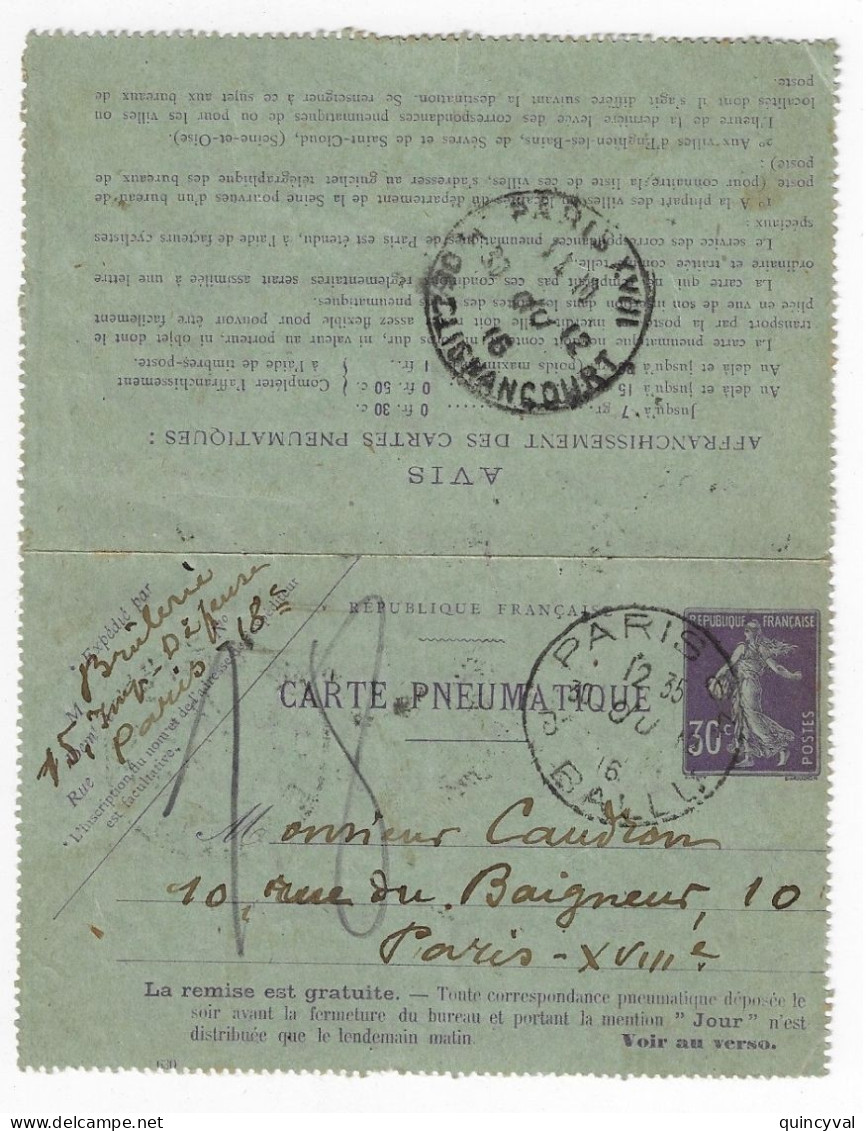 PARIS 8 R Ballu 30c Semeuse Violet Yv CLPP6 Storch K6 Ob Type Du 30 12 1916 - Neumáticos