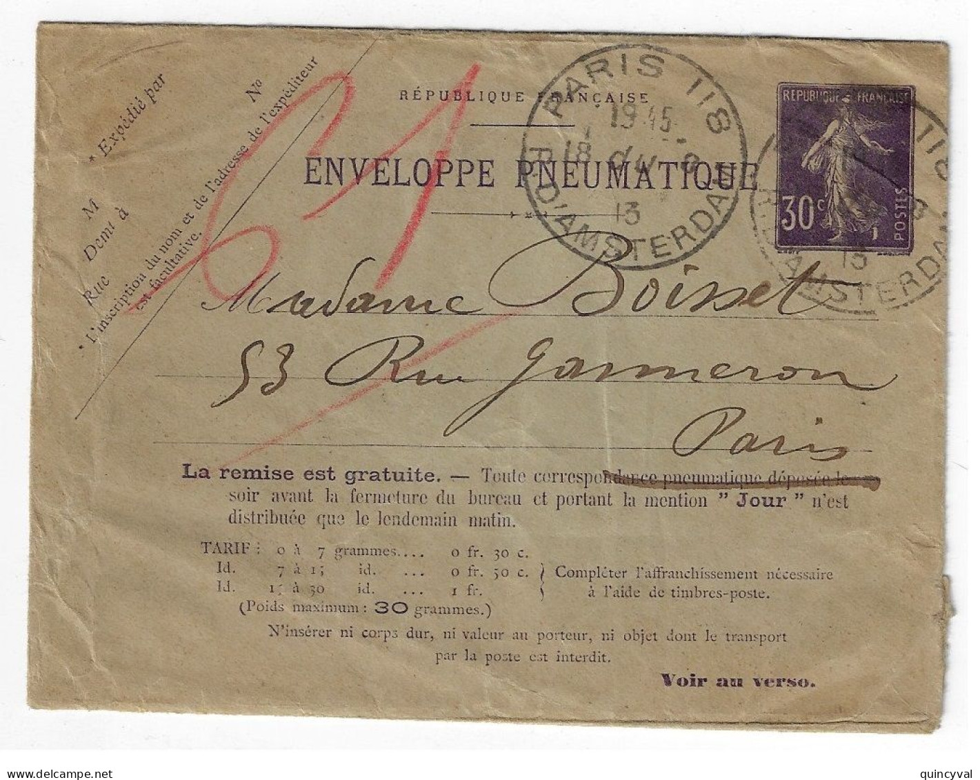 PARIS 118 R D'Amsterdam Enveloppe Pneumatique 30c Semeuse Violet 42 Villes Type IV Yv EPP3 St K17 - Rohrpost