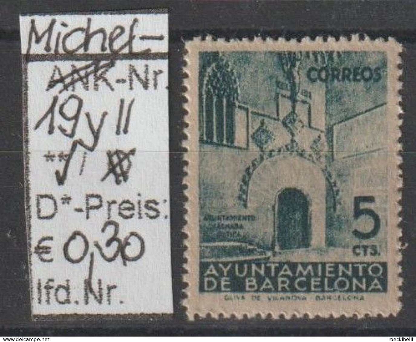 1938 - SPANIEN/BARC. - FM/DM/Zz "Fassade D. Rathauses" 5 C Dkl'bgrün - ** Postfrisch - S.Scan (Zz 19y Esp/barcelona) - Barcelona