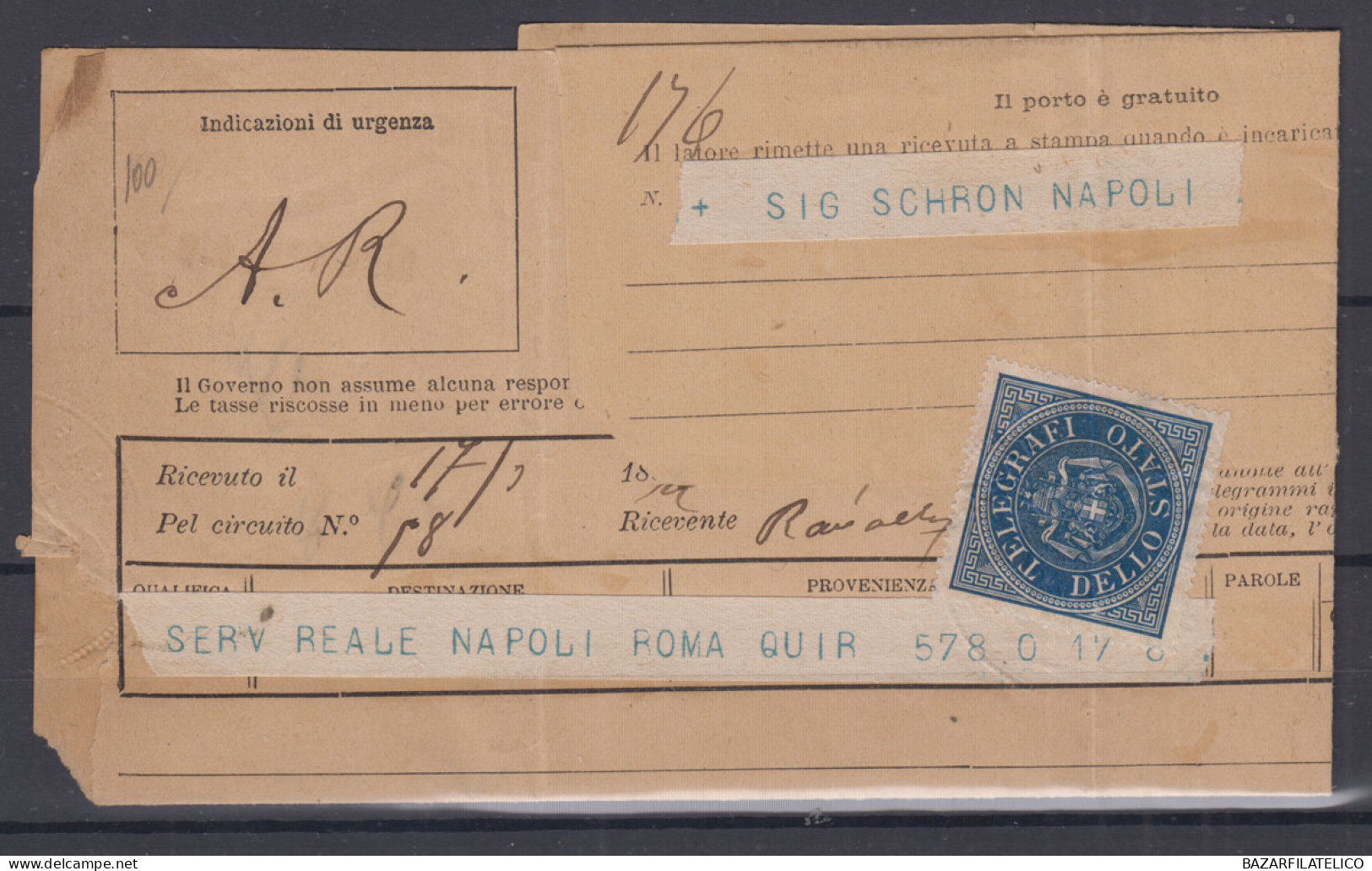 REGNO MARCA DA BOLLO TELEGRAFI DELLO STATO SU RICEVUTA CON PIEGA - Revenue Stamps