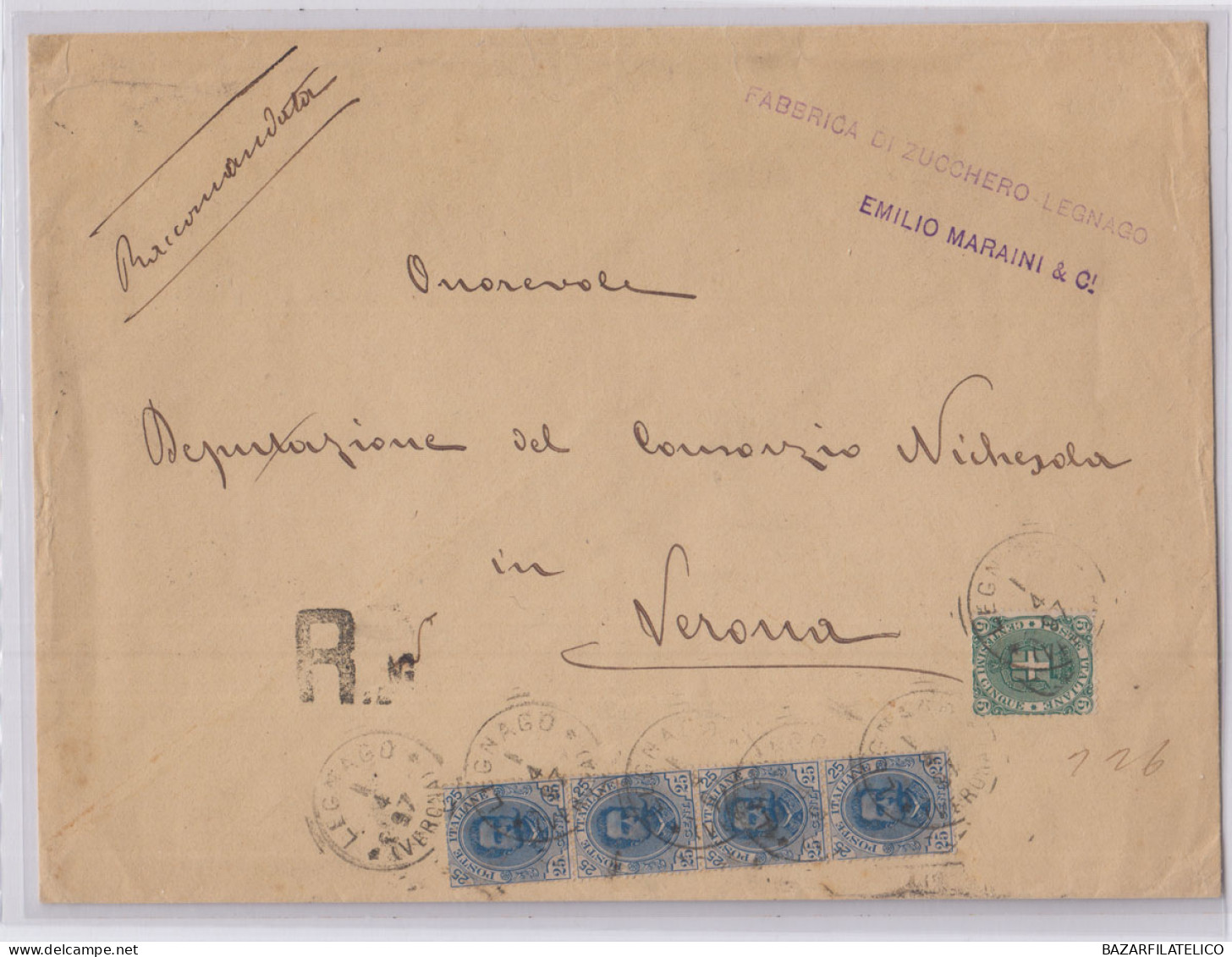 REGNO 1891-96 UMBERTO STRSICIA 45 C. + 5 C. 4 PORTI DA LEGNAGO A ROMA RARA - Storia Postale