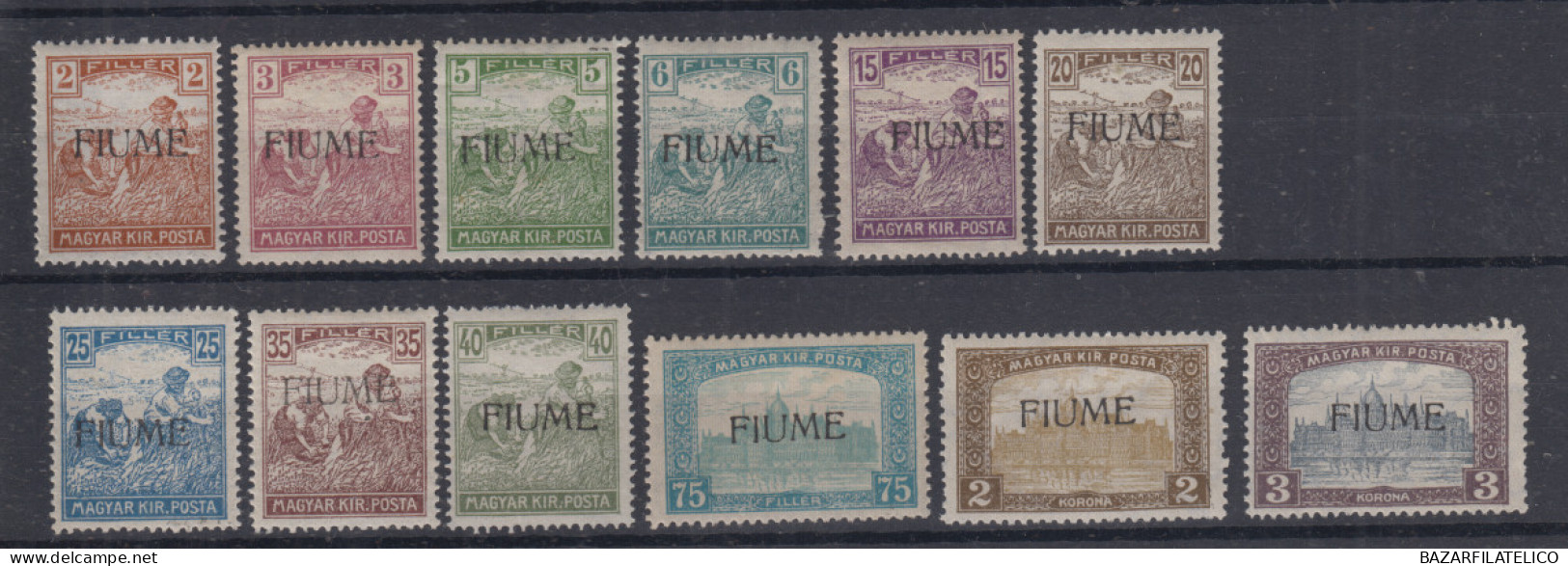 FIUME 1916-17 MIETITORI E VEDUTA 12 VALORI G.O MLH* 40 C. 2 K. E 3 K. G.I MNH** - Fiume & Kupa