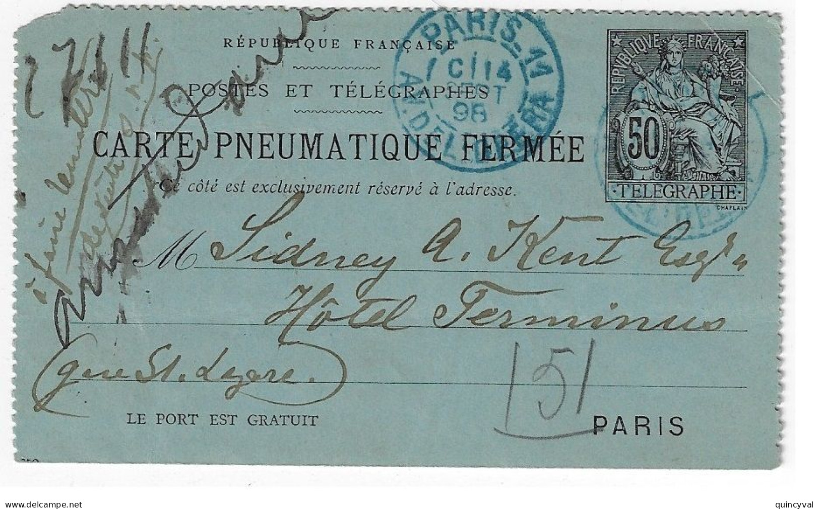 PARIS 11 Av De L'OPERA Carte Lettre Pneumatique 50 C Chaplain 6 Lignes Avis Au Verso Date 652 Yv CLPP 2550 Storch E16 - Pneumatische Post