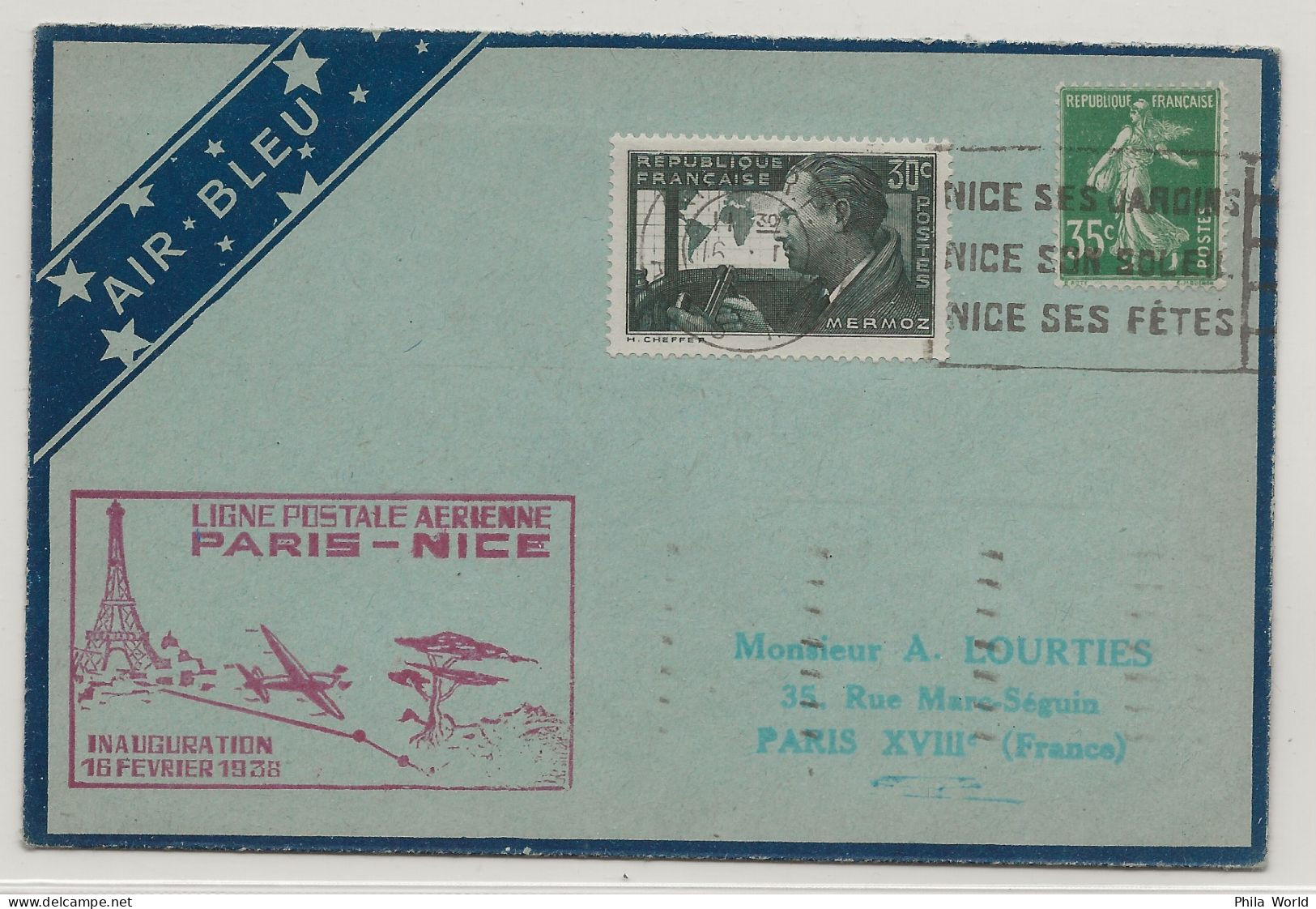 AIR BLEU 1938 France Inauguration Ligne Postale Aérienne PARIS NICE Aff MERMOZ 30c Semeuse PAR AVION - Premiers Vols