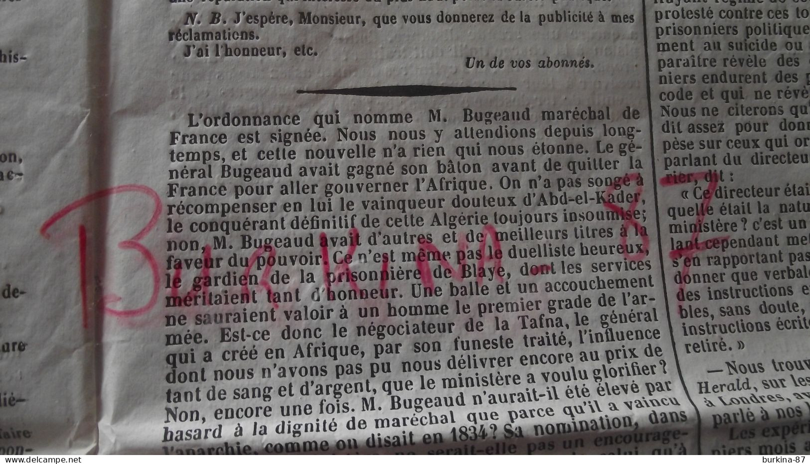 LE PERSEVERANT, journal, 10 Aout 1843, journal des départements du centre, Limoges