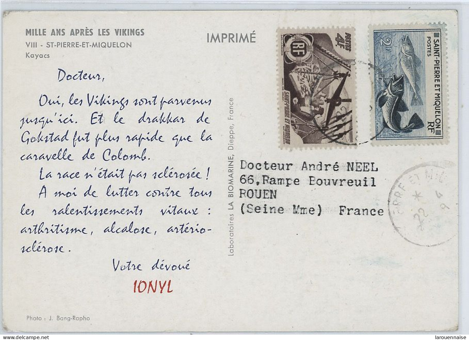 SAINT-PIERRE-ET-MIQUELON  -N°337 + N°335 / CP POUR LA FRANCE -TARIF IMPRIME - Storia Postale