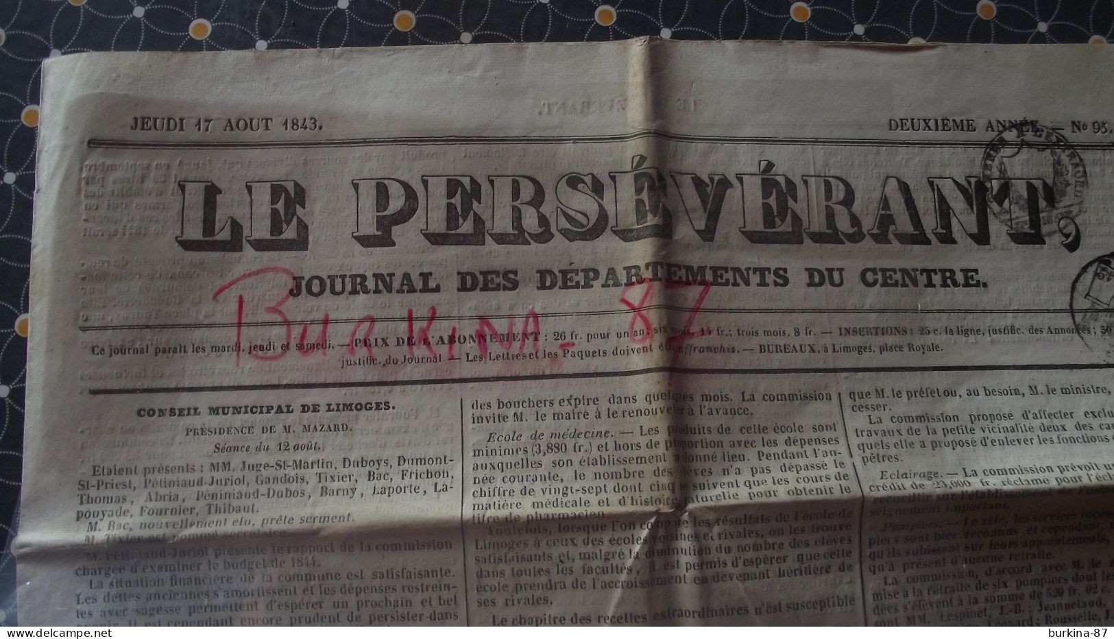 LE PERSEVERANT, Journal, 17 Aout 1843, Journal Des Départements Du Centre, Limoges - 1800 - 1849