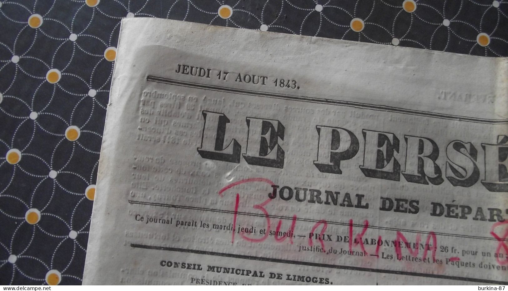 LE PERSEVERANT, Journal, 17 Aout 1843, Journal Des Départements Du Centre, Limoges - 1800 - 1849