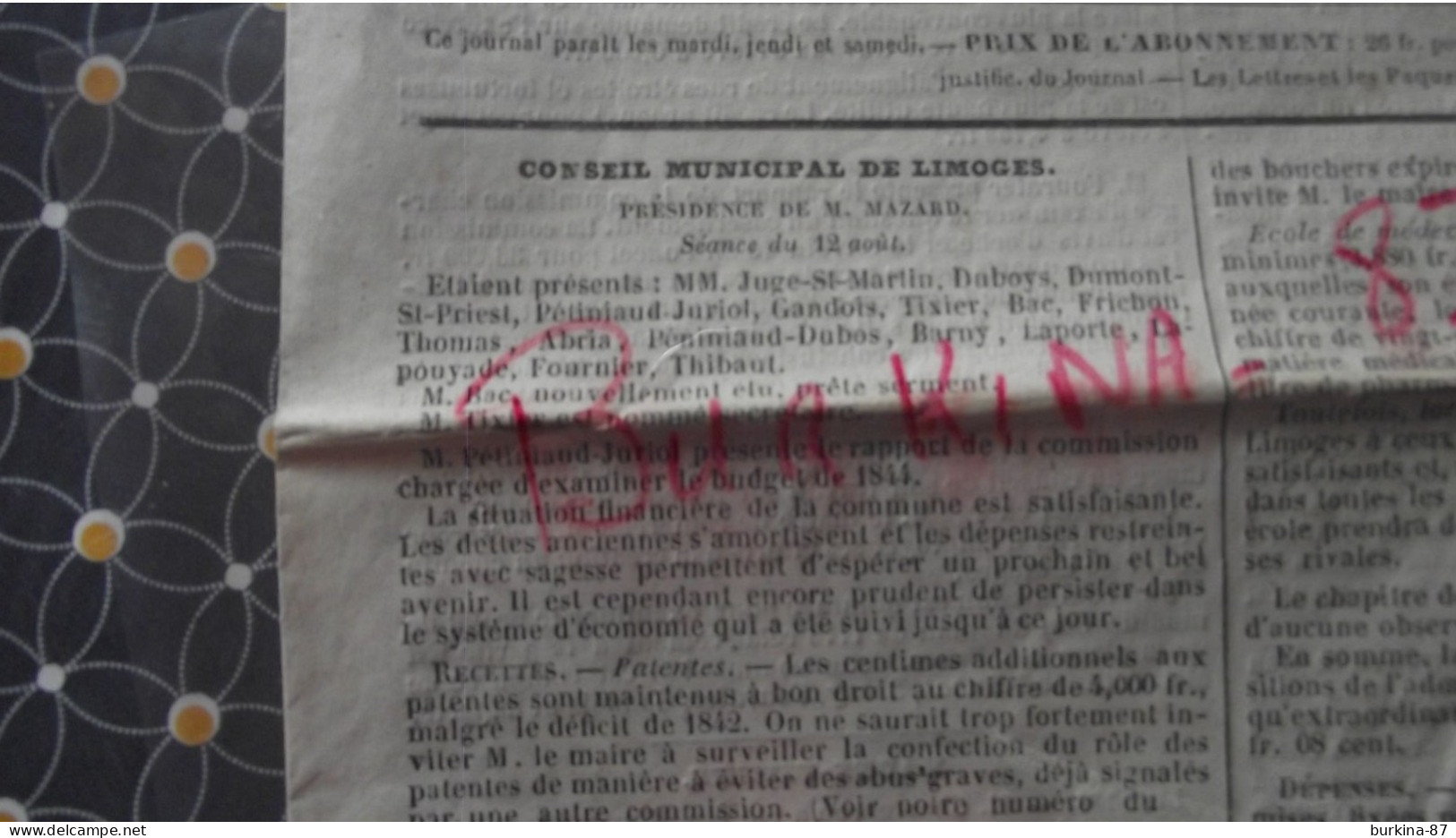 LE PERSEVERANT, Journal, 17 Aout 1843, Journal Des Départements Du Centre, Limoges - 1800 - 1849