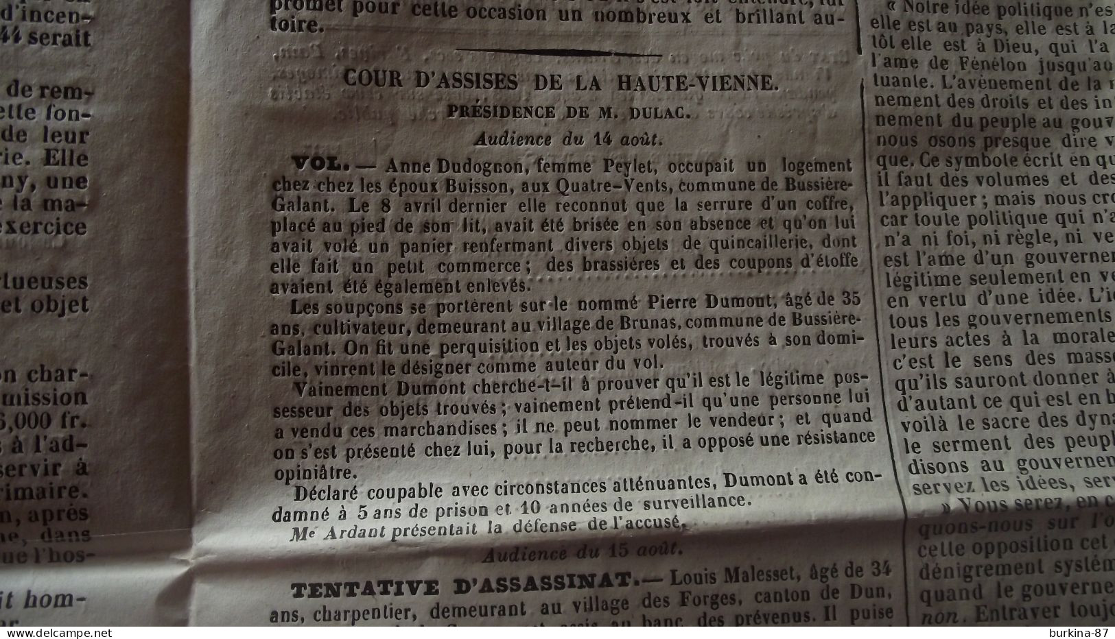 LE PERSEVERANT, journal, 17 Aout 1843, journal des départements du centre, Limoges