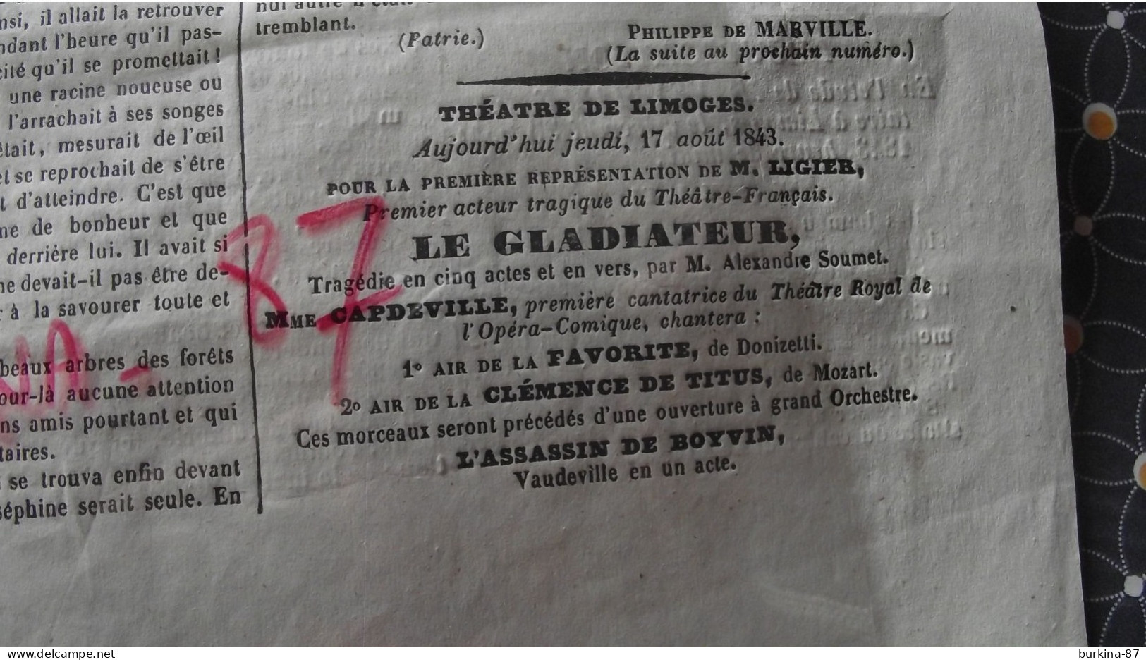 LE PERSEVERANT, journal, 17 Aout 1843, journal des départements du centre, Limoges