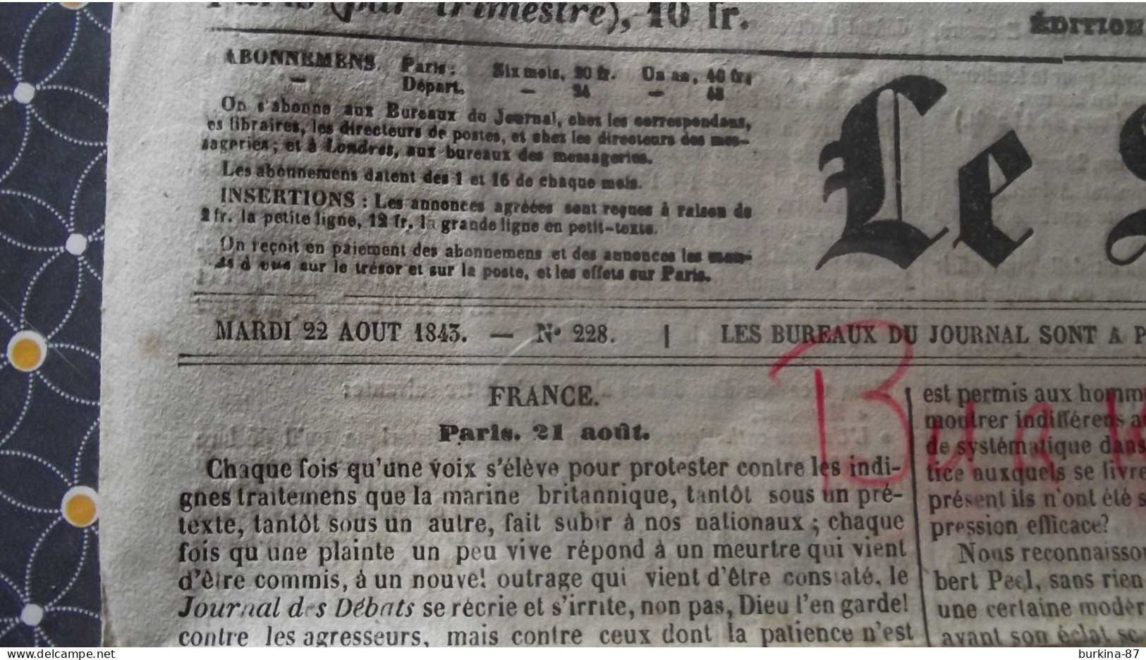 LE SIECLE, Journal, 22 Aout 1843,  Paris Et Départements - 1800 - 1849