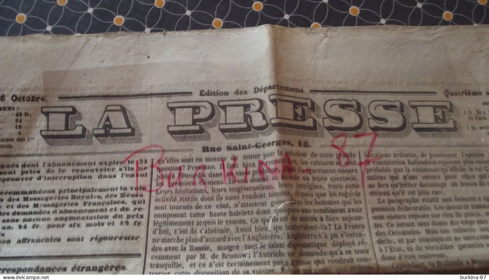 LA PRESSE, Journal, 26 Octobre 1839,  Paris Et Départements - 1800 - 1849