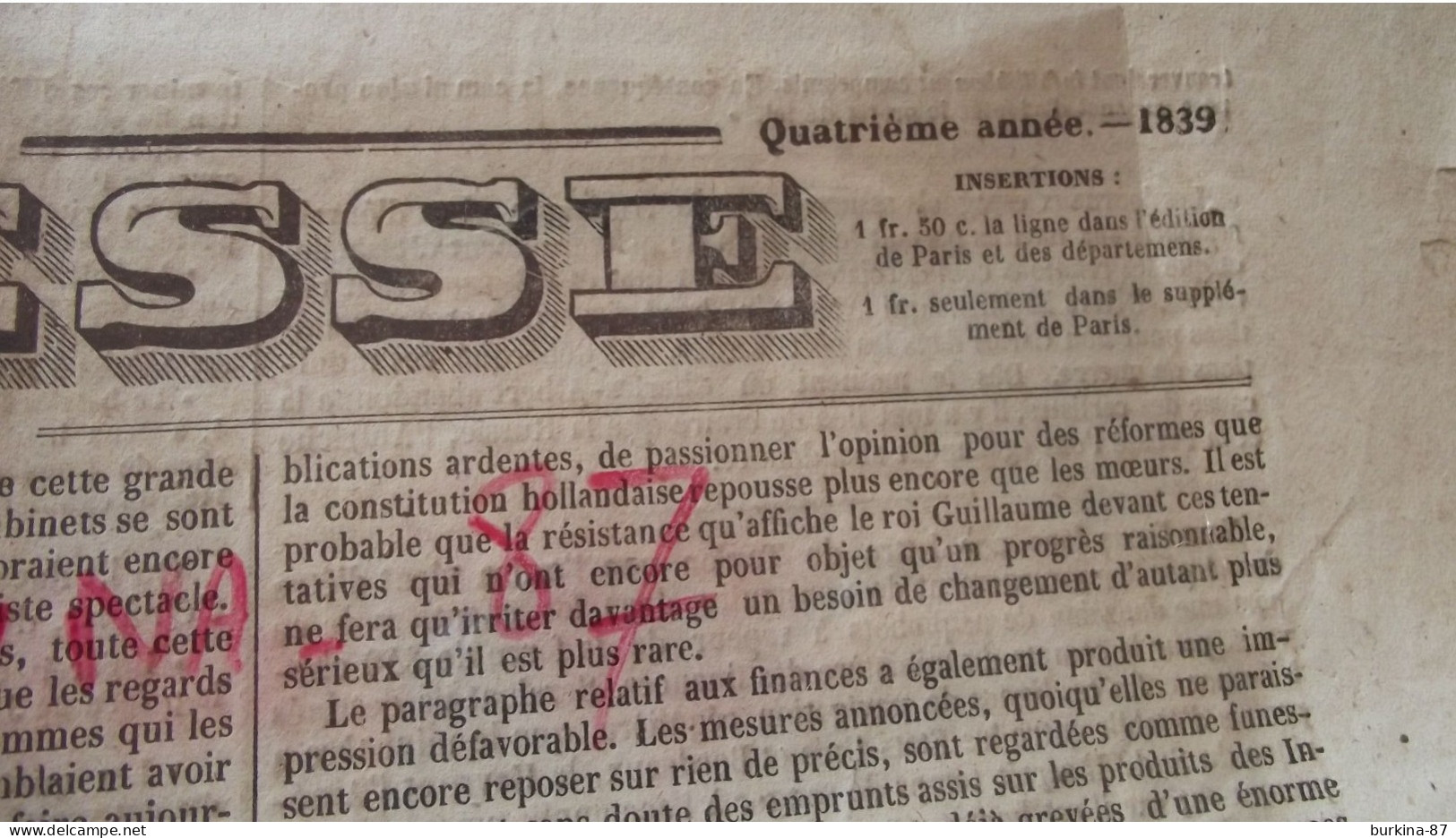 LA PRESSE, Journal, 26 Octobre 1839,  Paris Et Départements - 1800 - 1849