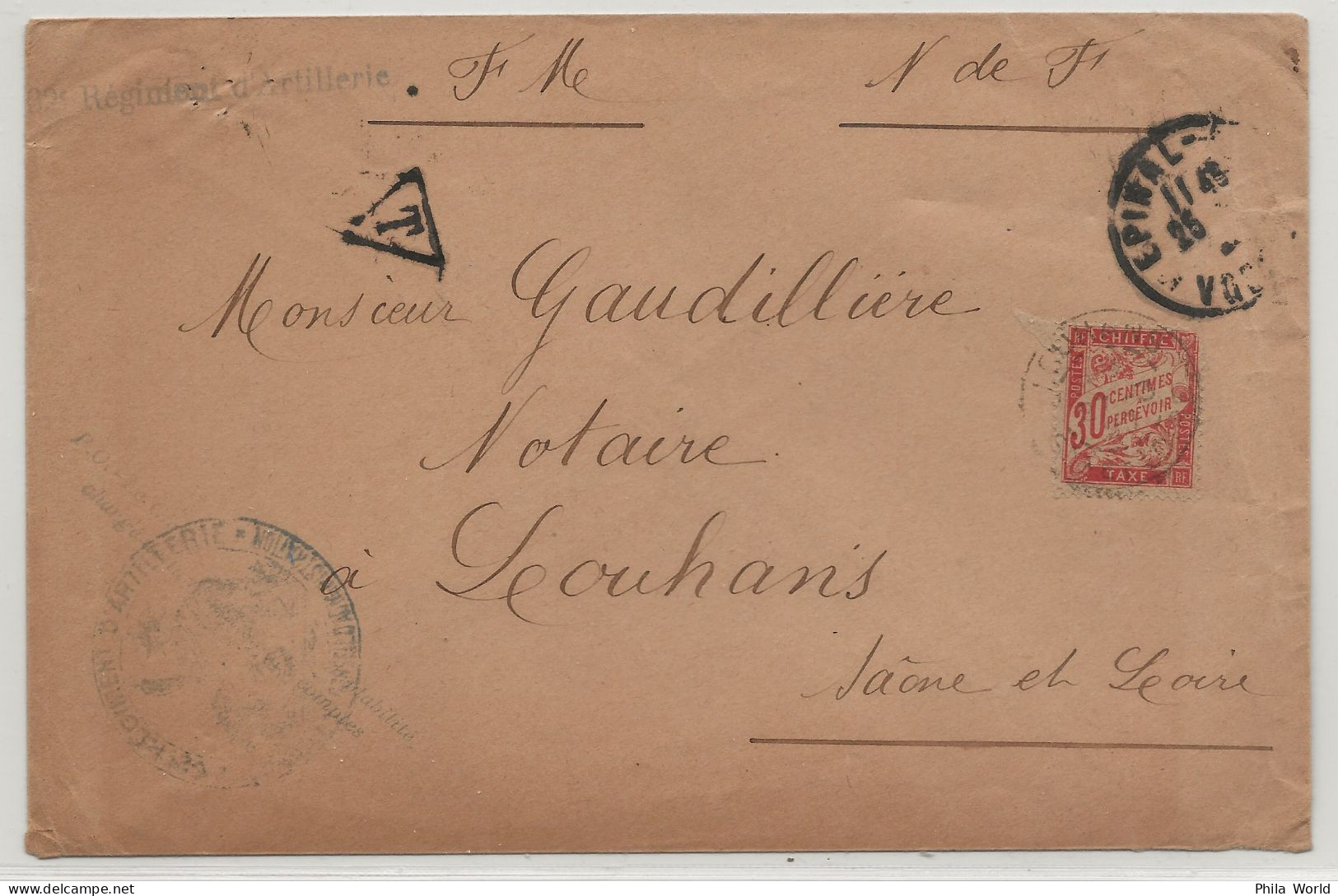 FRANCE 1920 Lettre Franchise Militaire Régiment Artillerie Taxee EPINAL Vosges > LOUHANS Saone & Loire TAXE 30c - Lettres & Documents