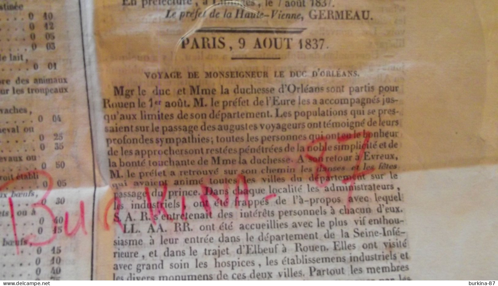 Les ANNALES DE LA HTE VIENNE, Journal, 11 Aout 1837, Limoges - 1800 - 1849