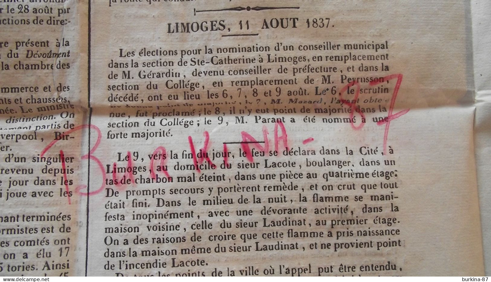 Les ANNALES DE LA HTE VIENNE, Journal, 11 Aout 1837, Limoges - 1800 - 1849