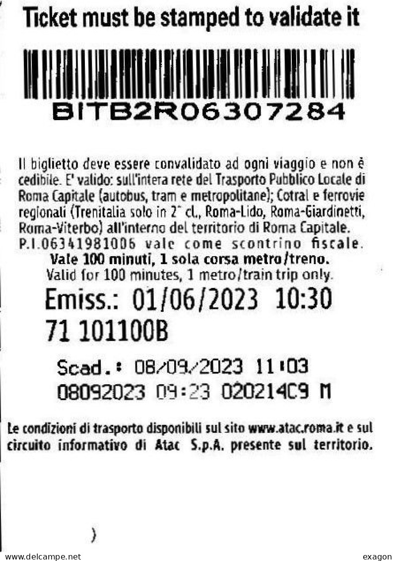 BIGLIETTO   BIT  METROBUS  -  Città Di  ROMA   -    Validità 100 Minuti -   Anno 2023  -  Stock 104 - Europe