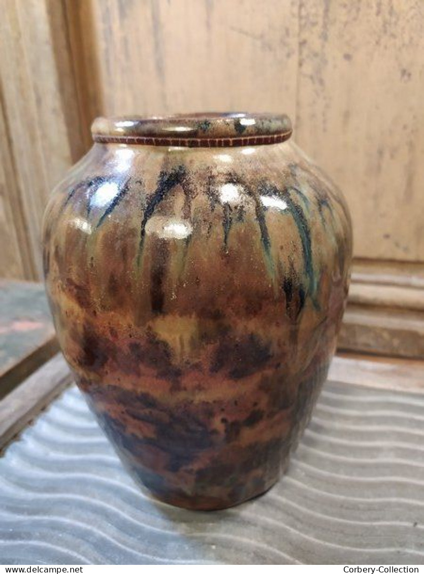 Ancien Vase Grès Vernissé Flammé Non signé.