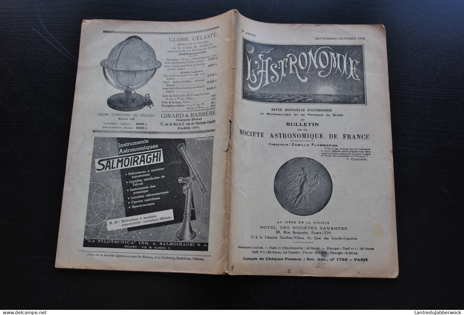 L'ASTRONOMIE Bulletin de la Société astronomique de France 1939 - 9 numéros ANNEE COMPLETE soleil Lune Météorologie Mars