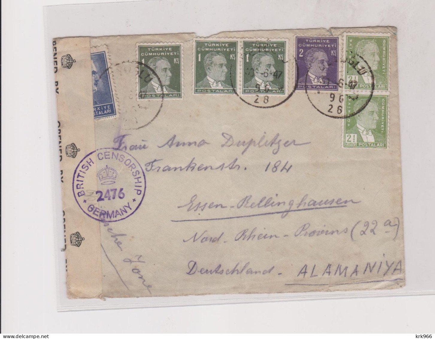 TURKEY 1947  Censored Cover To Germany Damaged On Back - Cartas & Documentos