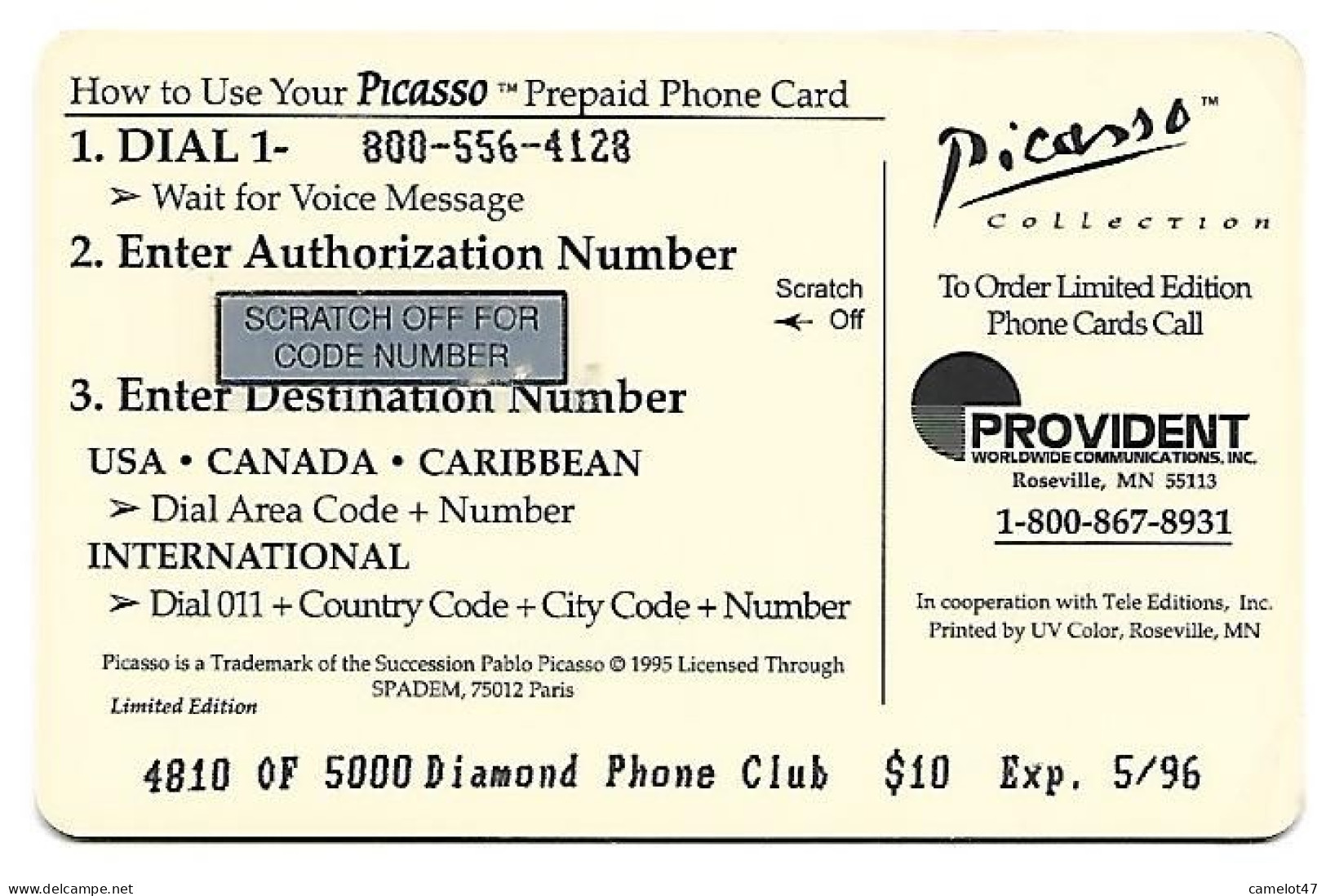 Provident U.S.A., Picasso Painting, $10 Prepaid Phone Card, Expired In 1996, # Picasso-2 - Malerei