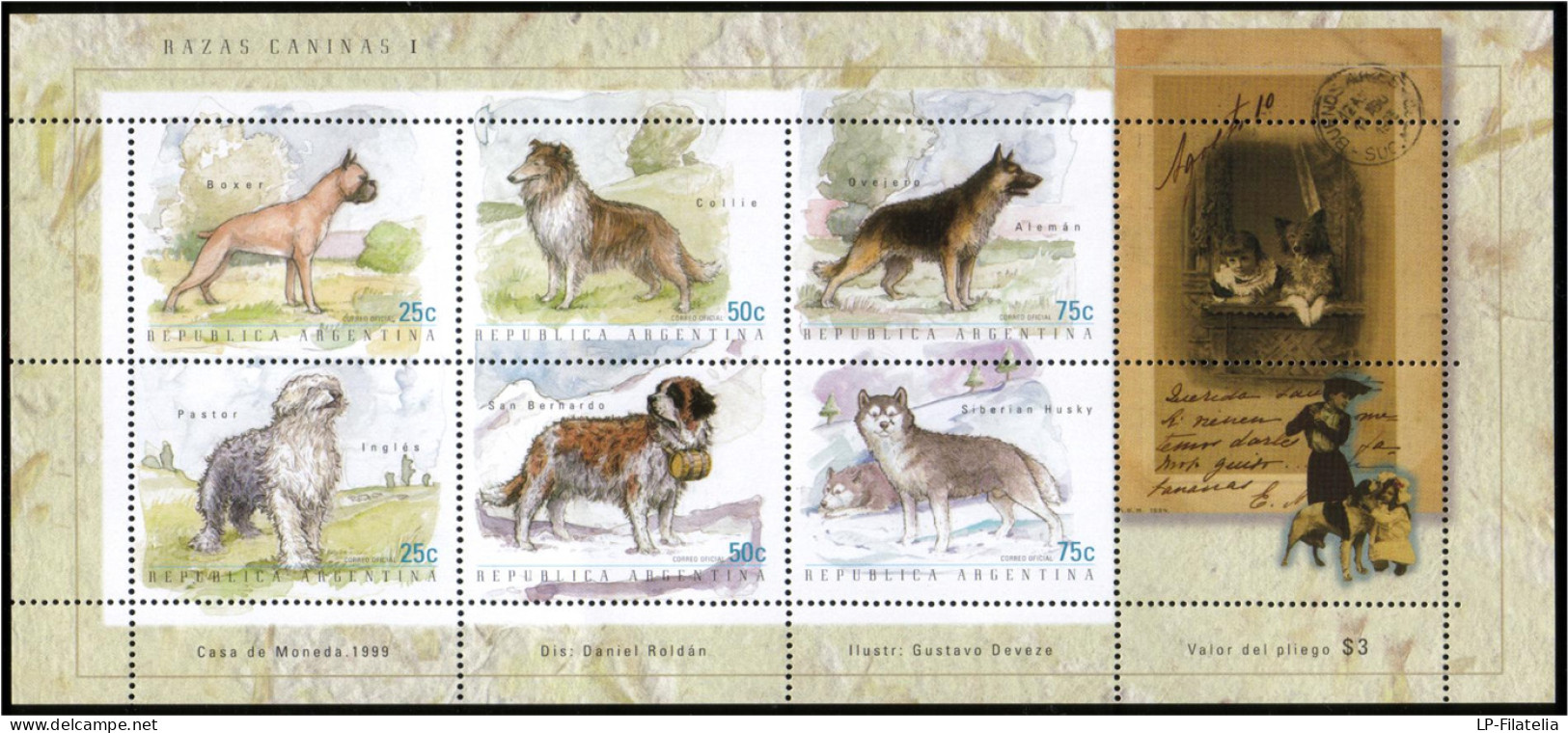 Argentina - 1999 - Dog Breeds - Boxer - Collie - German Shepherd - English Shepherd - San Bernardo  - Husky - Neufs