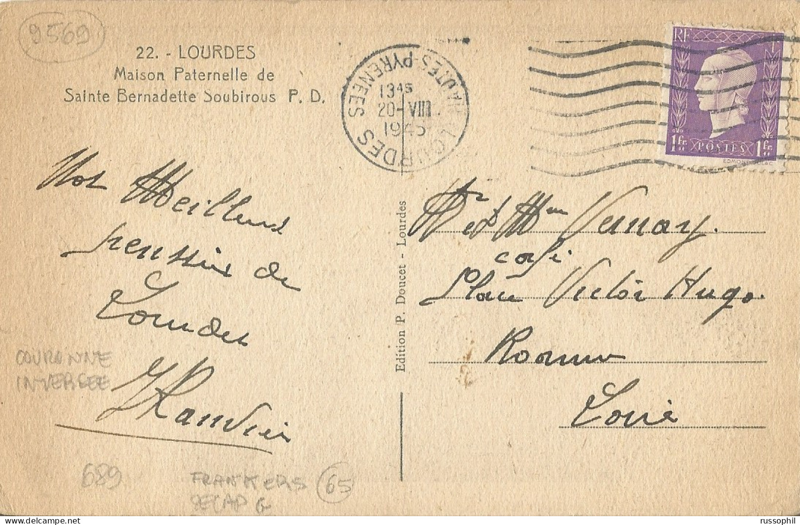 FRANCE - VARIETY &  CURIOSITY - FRANKERS SECAP G MACHINE PMK  "LOURDES"  - REVERSED  DATE BLOCK ON FRANKED PC  - 1945 - Cartas & Documentos