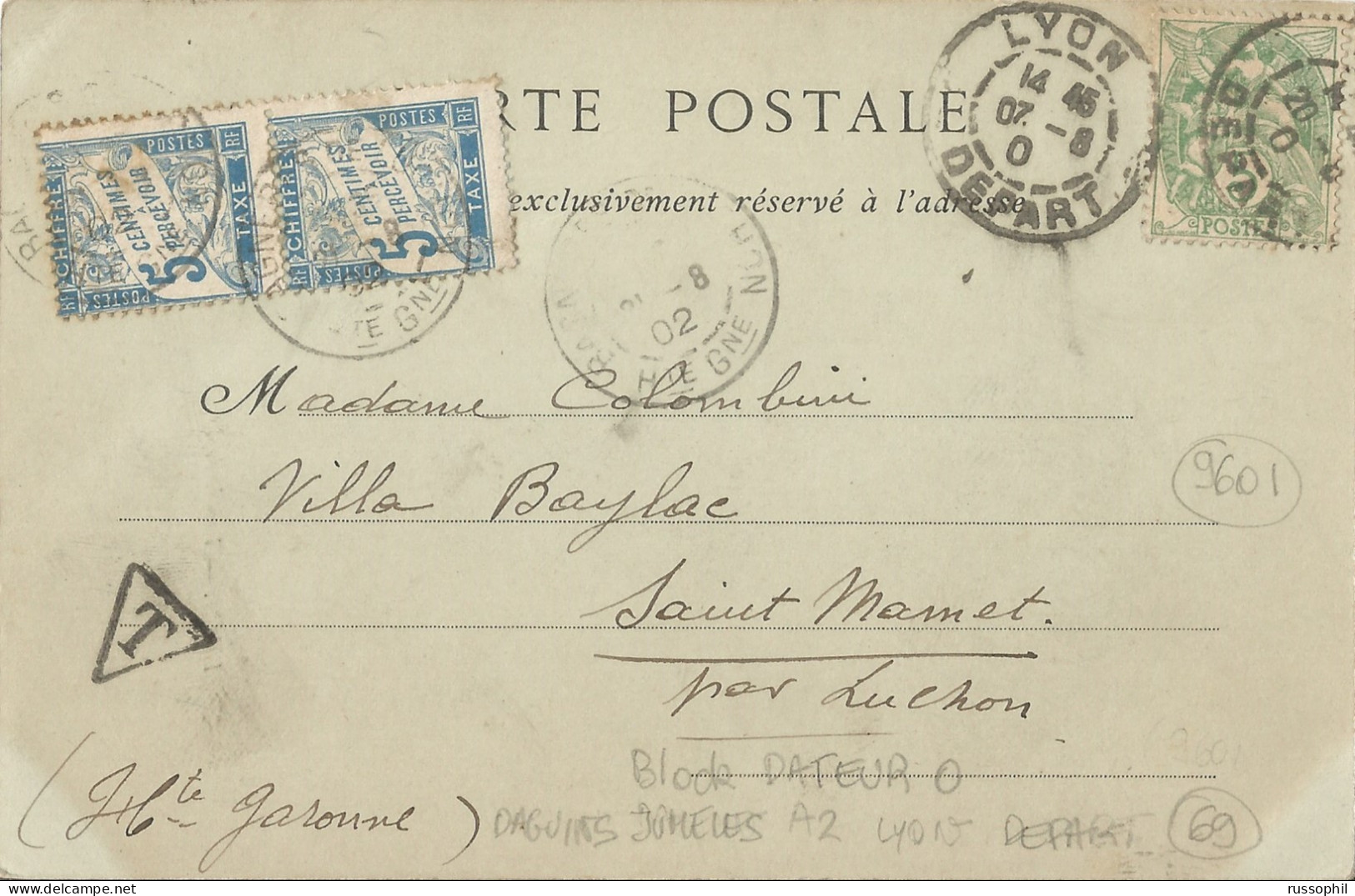 FRANCE - VARIETY &  CURIOSITY - 69 - PAIRED DAGUIN A2 DEPARTURE CDSs "LYON DEPART" - INCOMPLETE YEAR - 1900 - Storia Postale