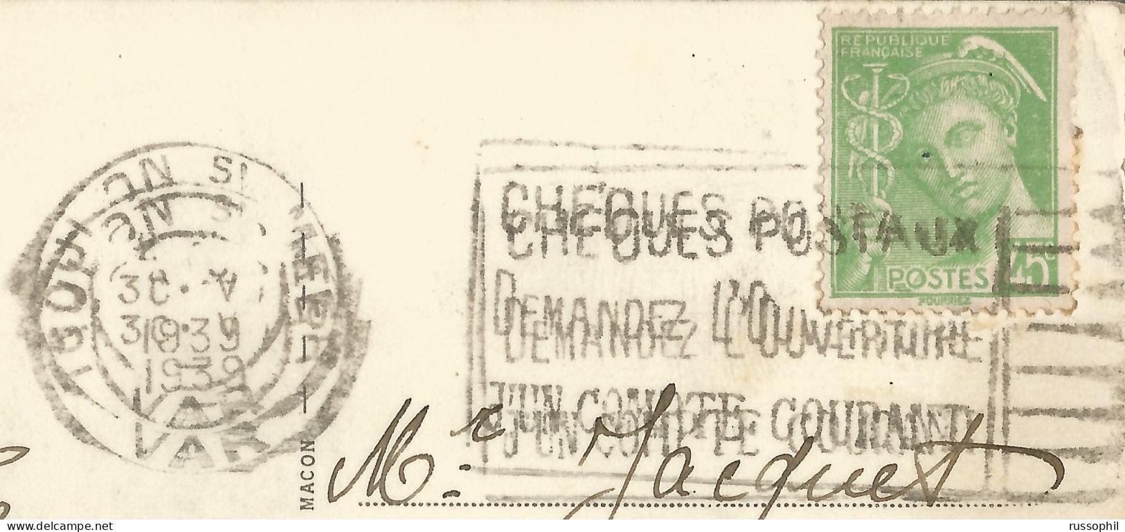 FRANCE - VARIETY &  CURIOSITY - 83 - DOUBLE FLIER MACHINE CANCELLATION "TOULON S/ MER"" ON FRANKED PC TO BELGIUM - 1939 - Briefe U. Dokumente