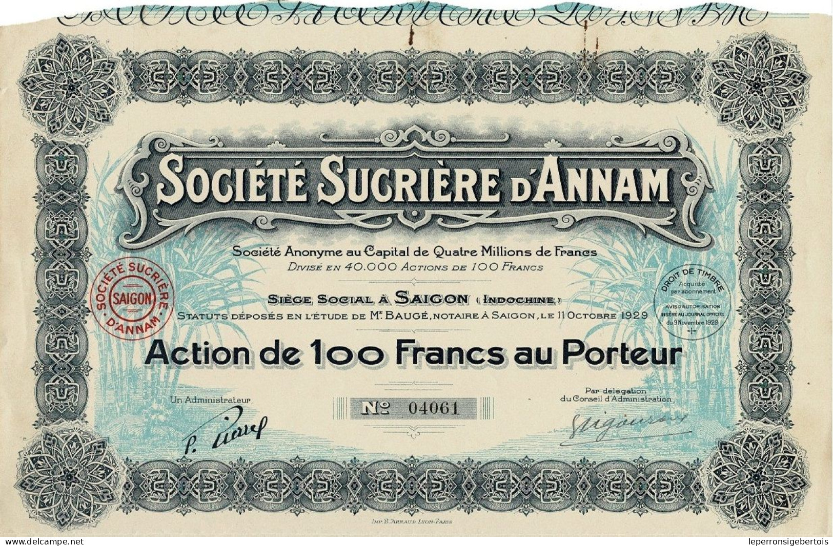 Titre De 1929 - Société Sucrière D'Annam - Déco - - Asie