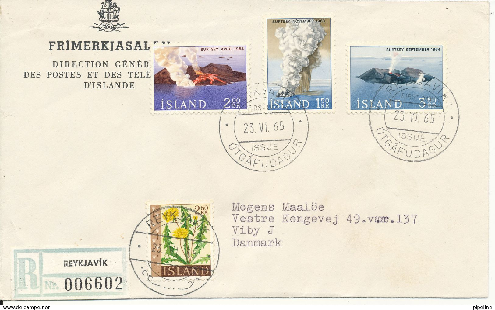 Iceland Registered FDC The Volcano Surtsey 23-6-1965 Complete Set  Of 3 With Cachet Uprated And Sent To Denmark - FDC