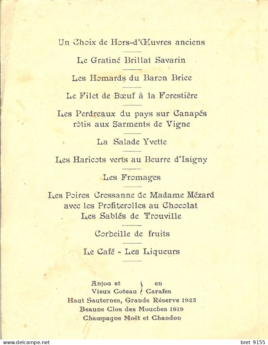 78 RAMBOUILLET L HOSTELLERIE DE LA GARENNE MENU POUR UN MARIAGE LE 29 SEPTEMBRE 1927 - Menú